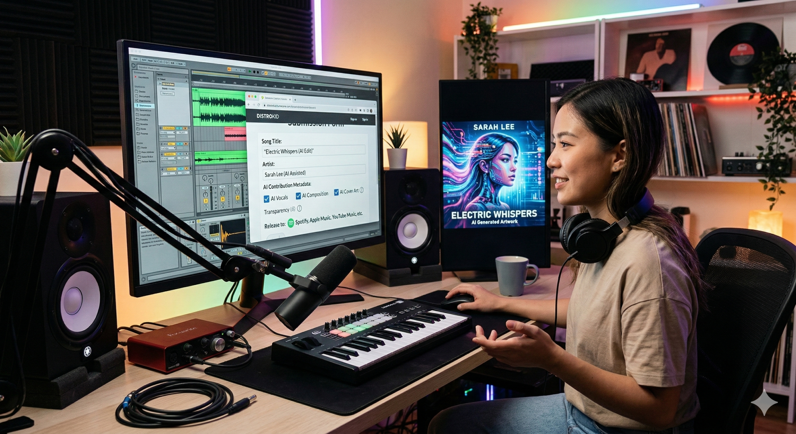 Seorang produser musik wanita sedang mengunggah lagu hasil kolaborasi AI ke distributor musik DistroKid di studio rumah, menampilkan form pengisian metadata AI untuk rilis ke Spotify dan Apple Music.