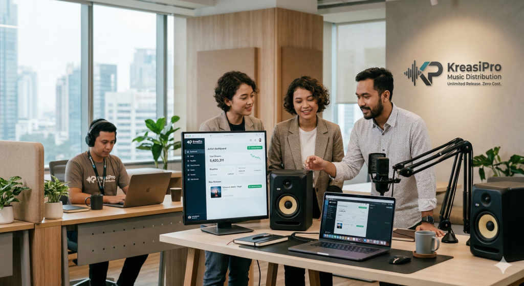 Tim profesional sedang mengelola dashboard KreasiPro Music Distribution, layanan agregator musik gratis dan unlimited di Indonesia.