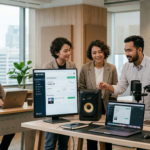 Tim profesional sedang mengelola dashboard KreasiPro Music Distribution, layanan agregator musik gratis dan unlimited di Indonesia.