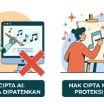 Ilustrasi perbandingan antara lagu buatan AI tanpa hak cipta (kiri) dan lagu ciptaan manusia dengan proteksi hukum penuh (kanan).