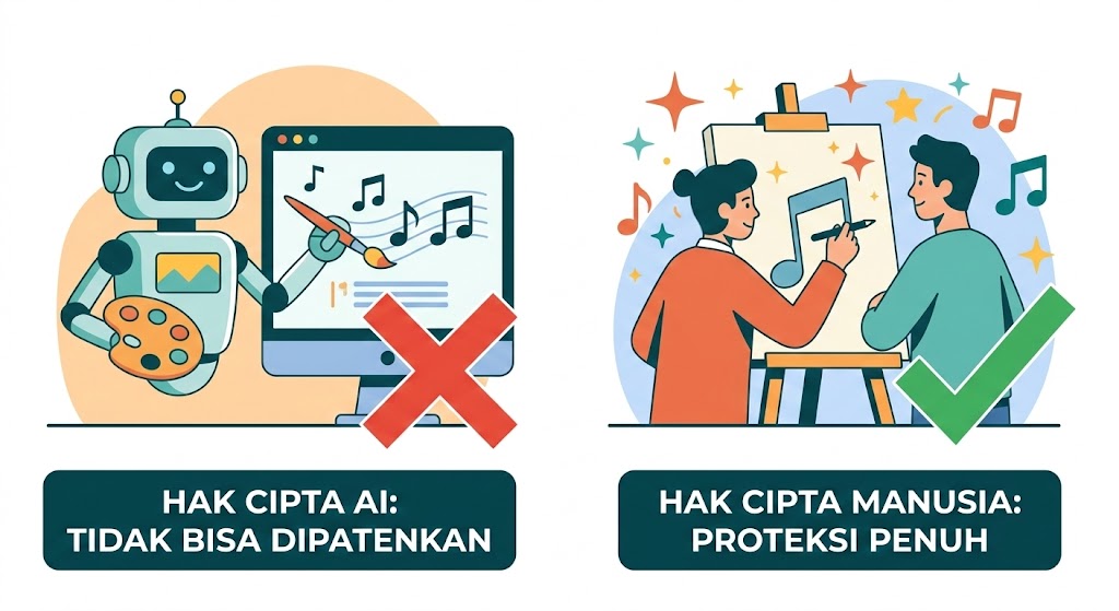 Ilustrasi perbandingan antara lagu buatan AI tanpa hak cipta (kiri) dan lagu ciptaan manusia dengan proteksi hukum penuh (kanan).